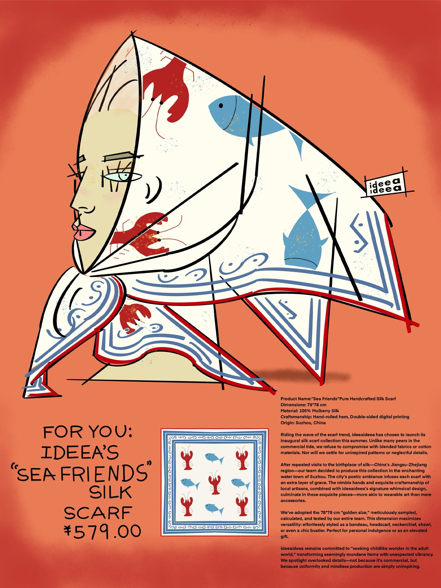 [Sea Friends] Scarves - Oriental Porcelain Blue Red